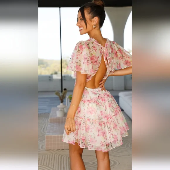 Floral Pink Sheer Ruffle Midi Dress - Picture 2 of 6